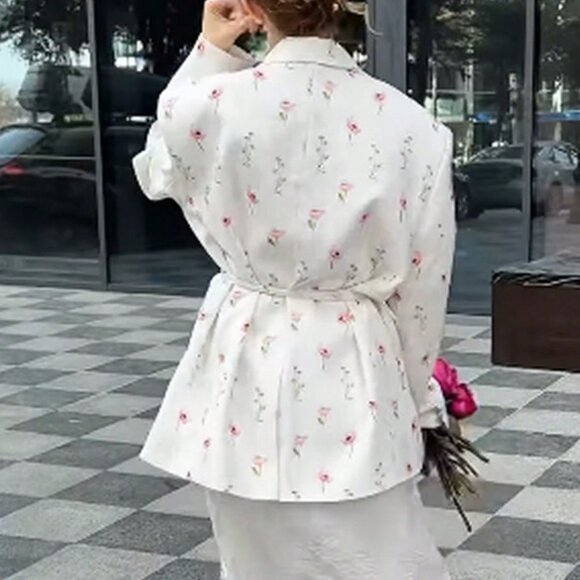 White Elegant Women's Flower Printed V Neck Lace Up Blazer Long Sleeve - Picture 2 of 7